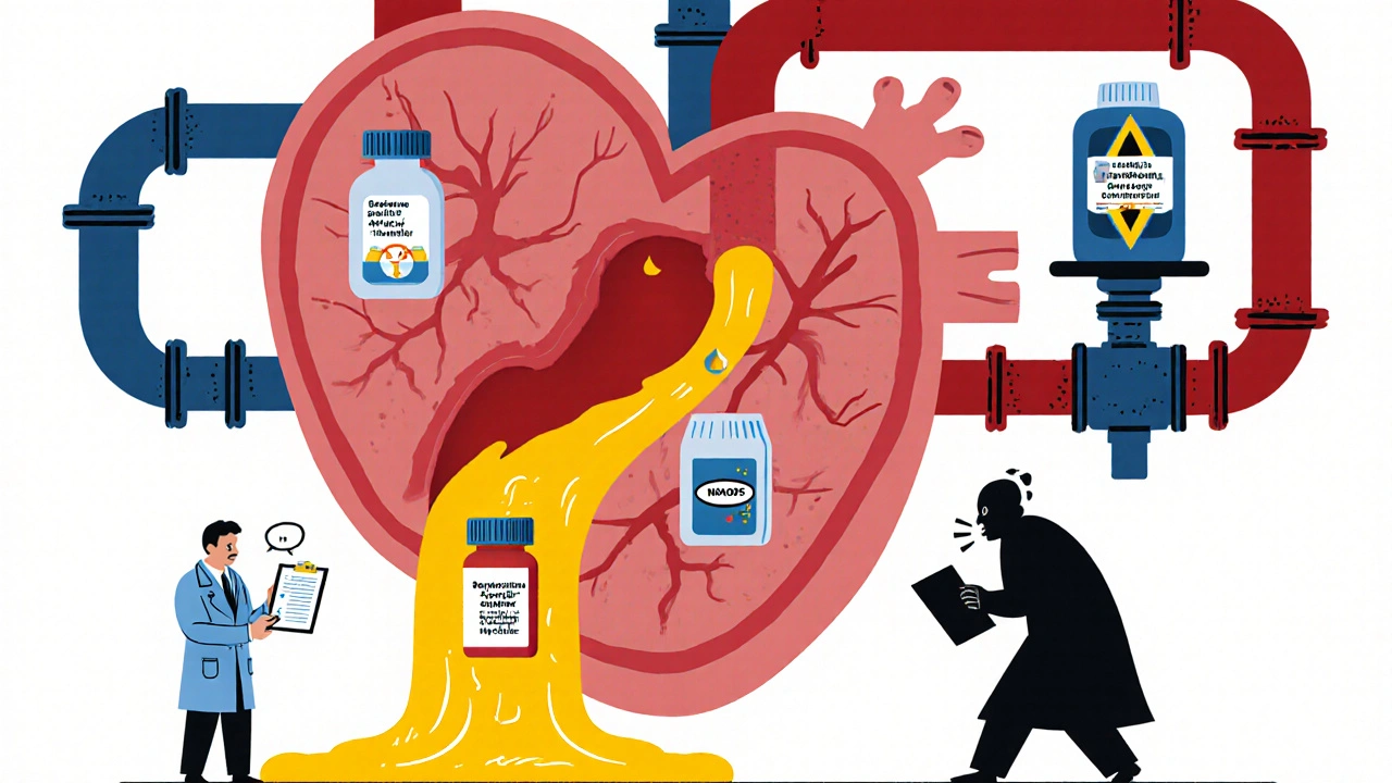 A human heart leaks dangerous fluids from conflicting medications, with tiny figures trying to stop the flow.