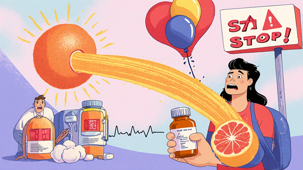 A person drinking grapefruit juice that triggers a chain reaction of medication overload.