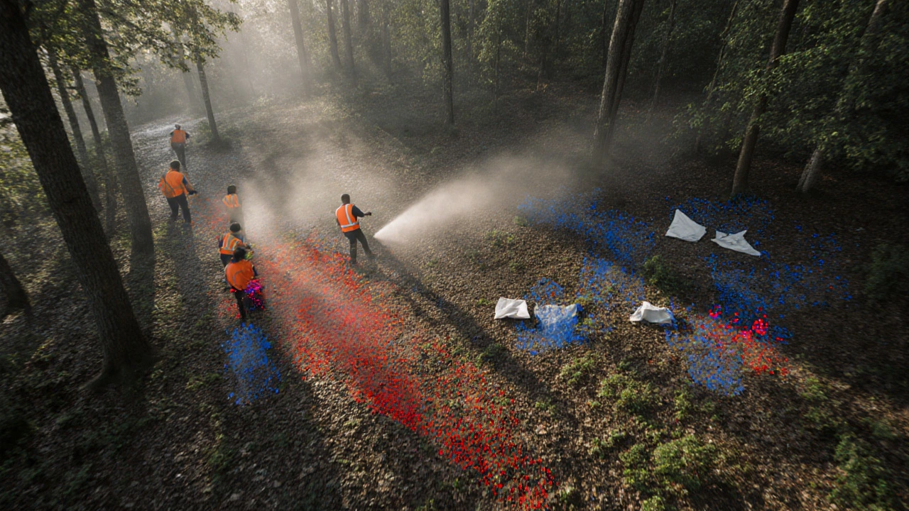 Aerial view of workers spraying acaricide and collecting ticks with GIS heat‑map overlay.