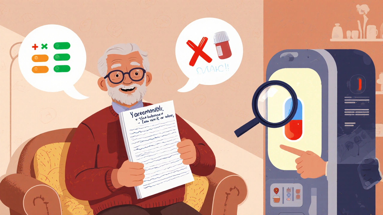 An elderly man holds a medication list as safe and dangerous drug combos float as speech bubbles around him.