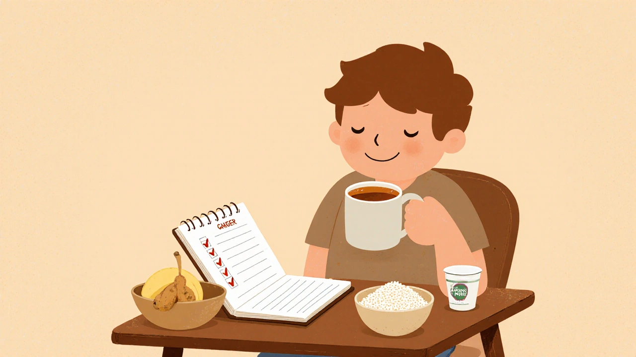 Cartoon character drinking ginger tea, writing in a food diary, and eating plain foods for relief.
