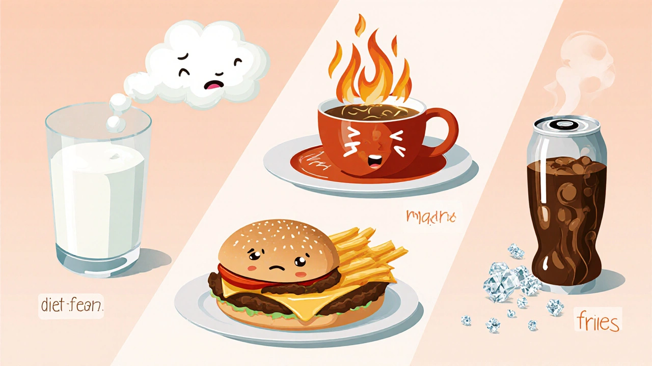 Cartoon illustration of milk, spicy curry, coffee, burger, and diet soda as common trigger foods.