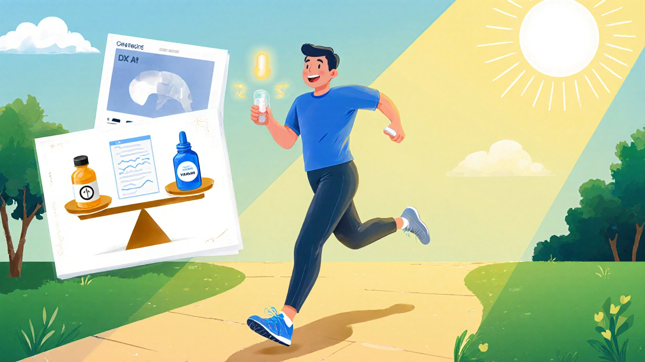 Cartoon of a person jogging with vitamin D, calcium, and a DXA scan showing bone health protection.