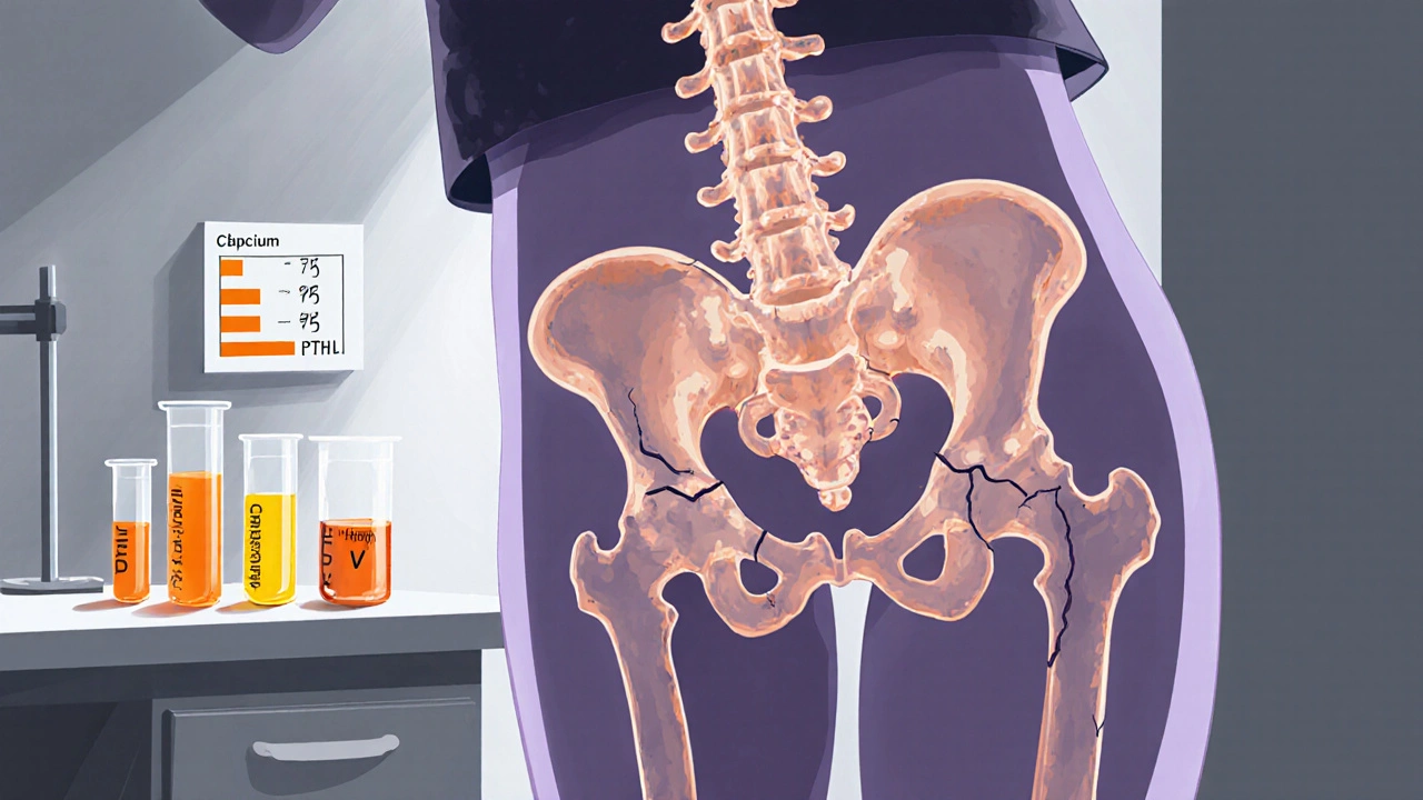 Cartoon of porous spinal bones with lab tubes indicating low vitamin D and bone fragility.