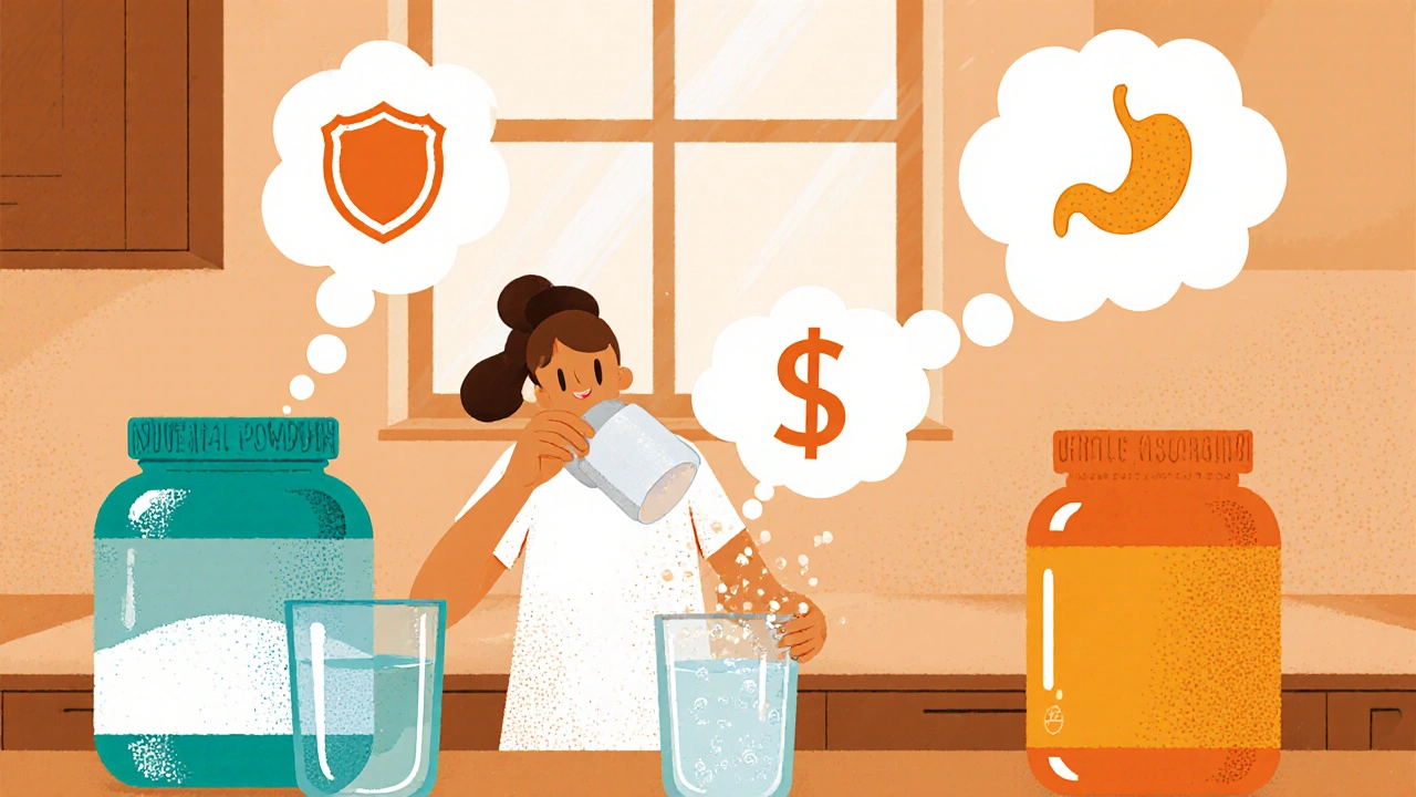 Cartoon person preparing vitamin C: mixing powder, swallowing tablet, and chewing chewable, with benefit icons.