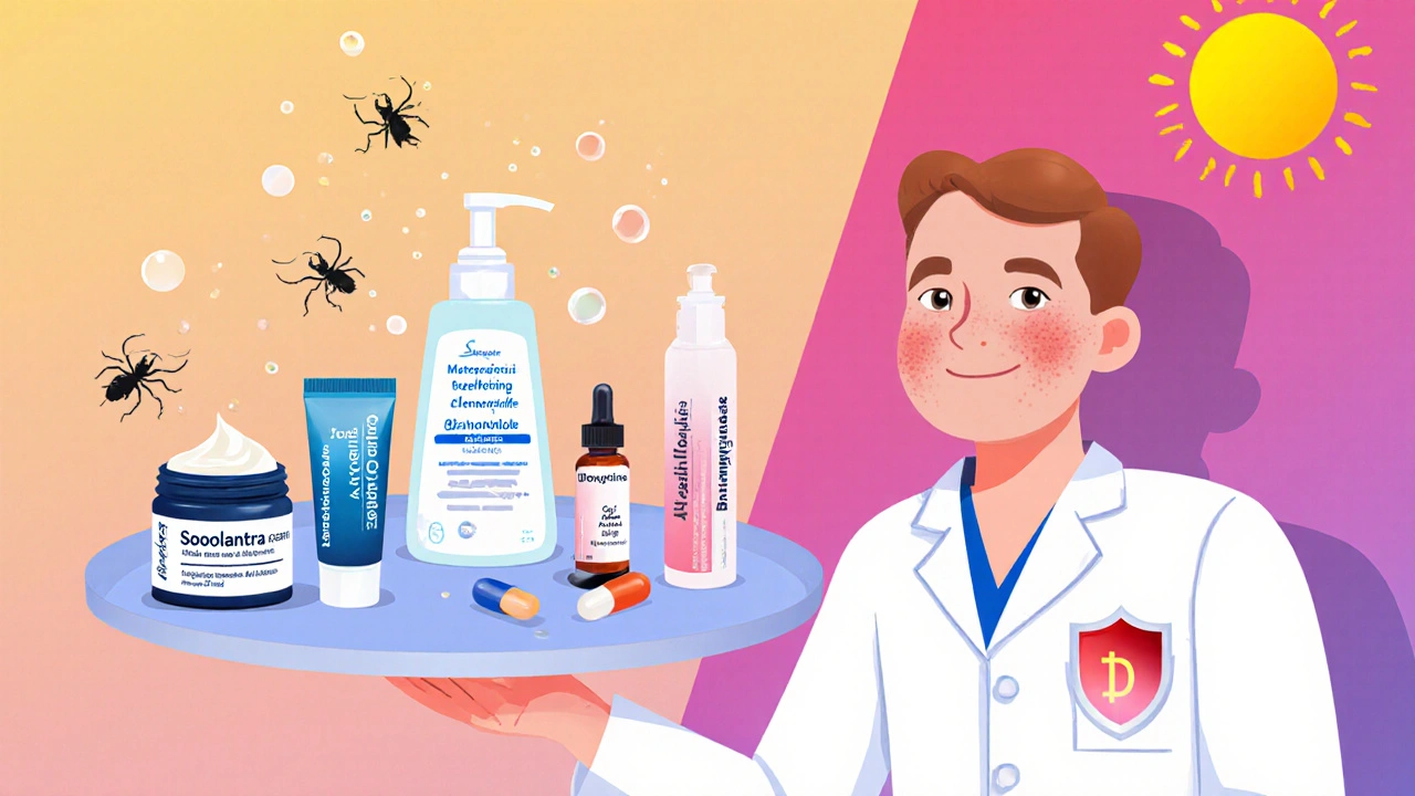 Cartoon split‑screen showing five rosacea treatments with distinct visual cues for each.