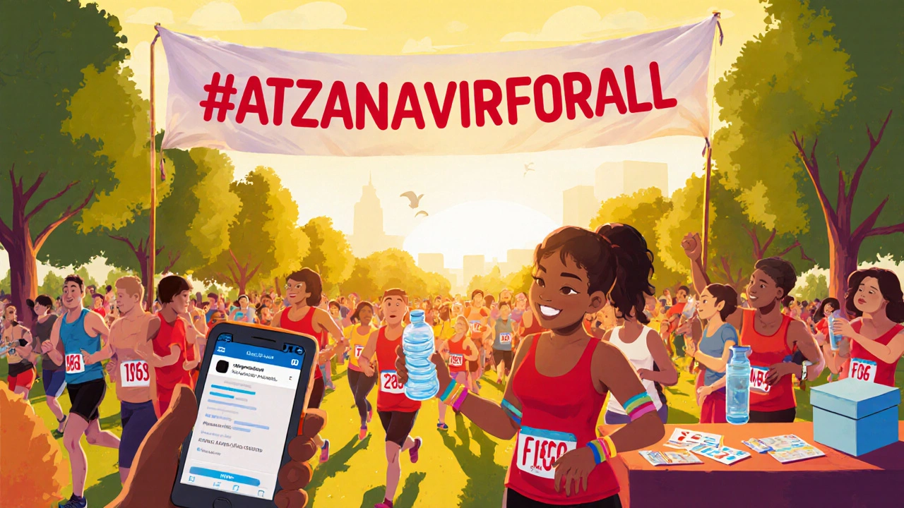 Charity run in a park with banner and volunteers supporting Atazanavir access.