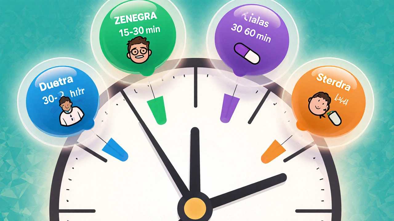 Clock with bubbles showing onset and duration for Zenegra, Cialis, Levitra, Stendra.