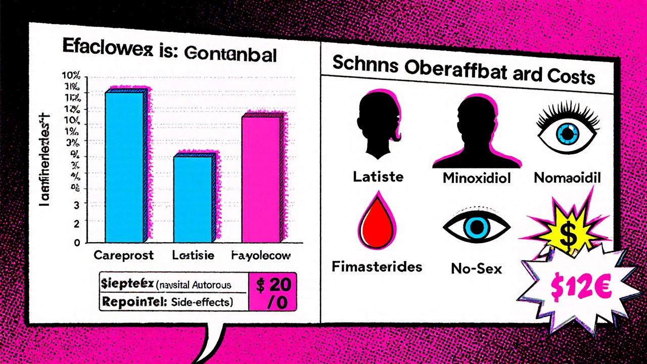 Comic‑style chart showing growth percentages, side‑effect icons, and price tags for hair‑growth products.