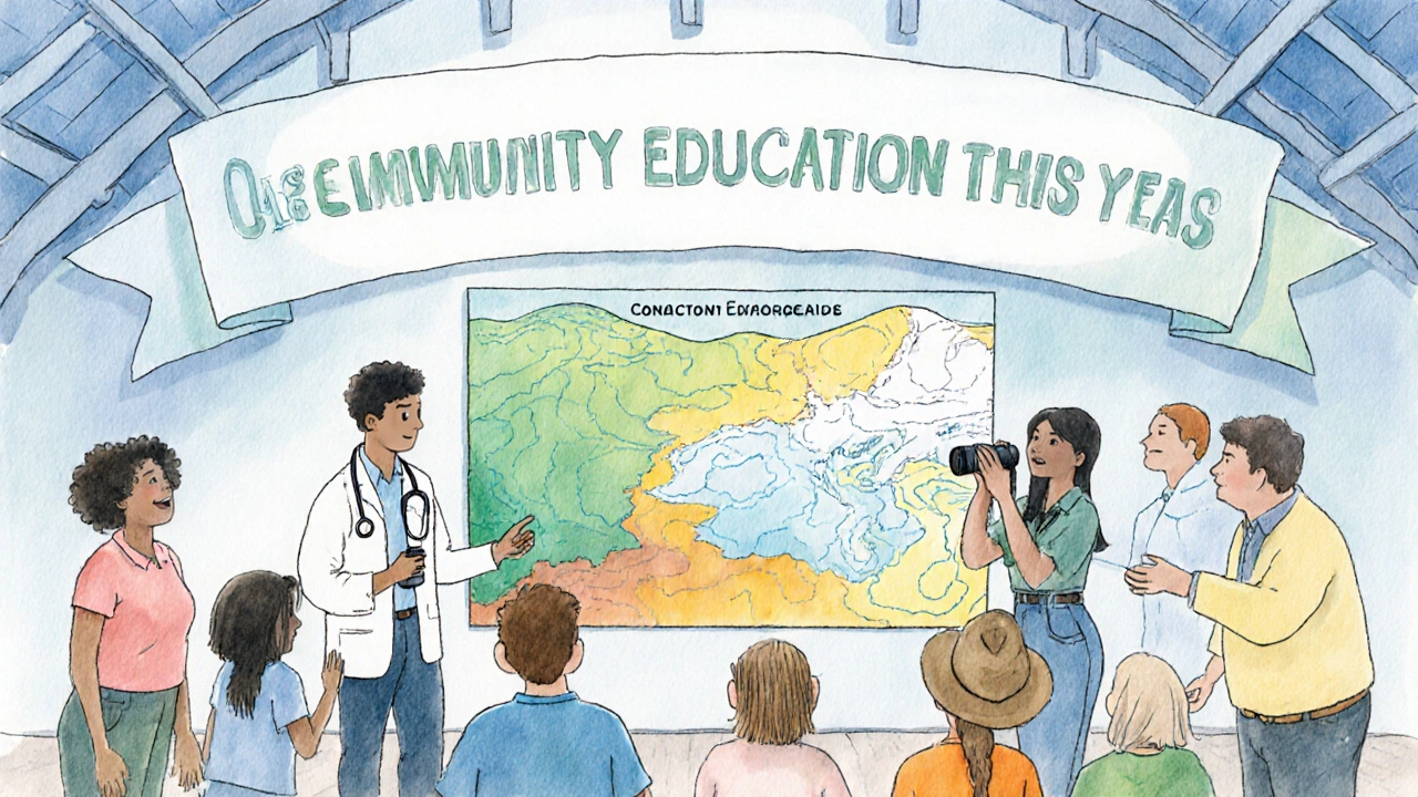 Community workshop showing families, a vet, a ranger, and a climate scientist collaborating.