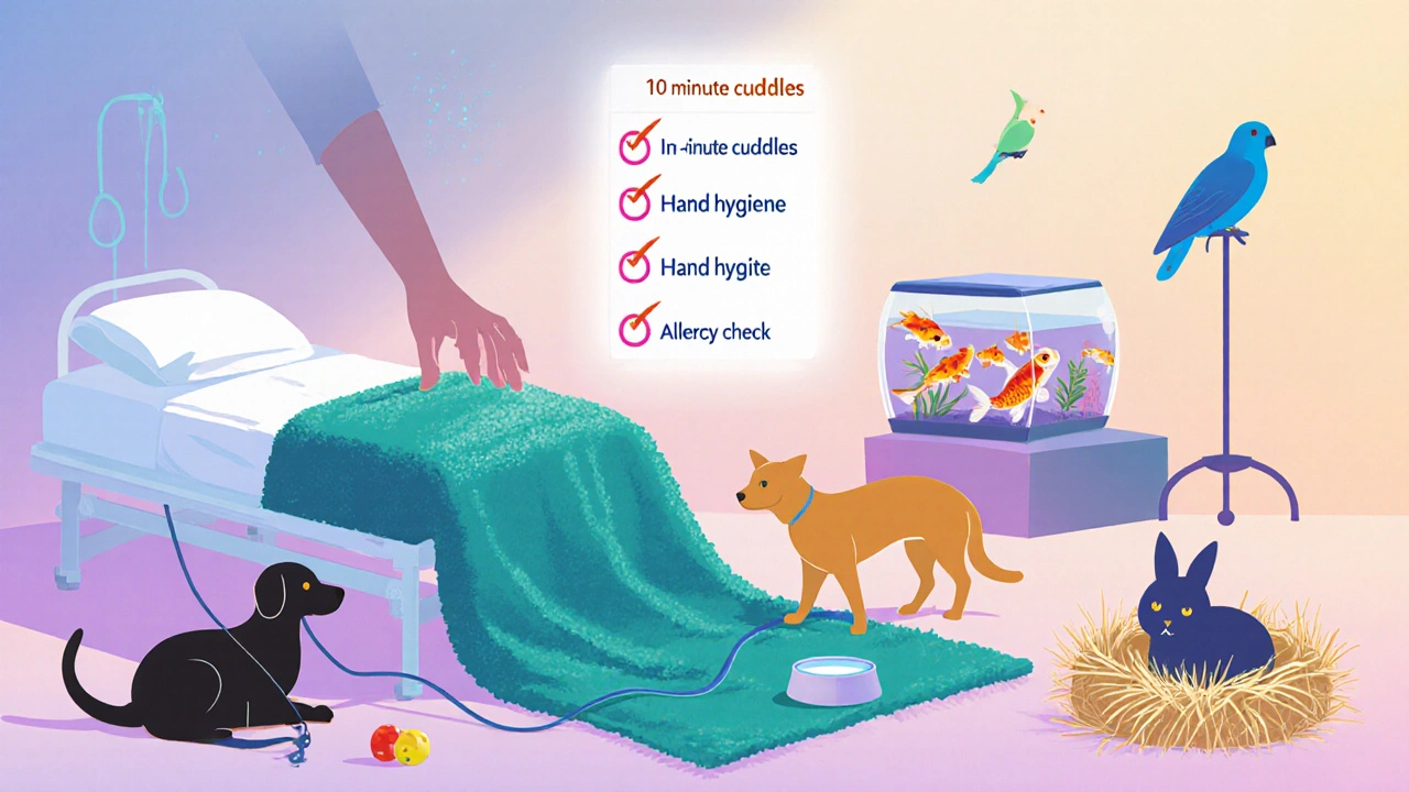 Cozy recovery corner with various pet silhouettes and a floating checklist of petâcare tips.