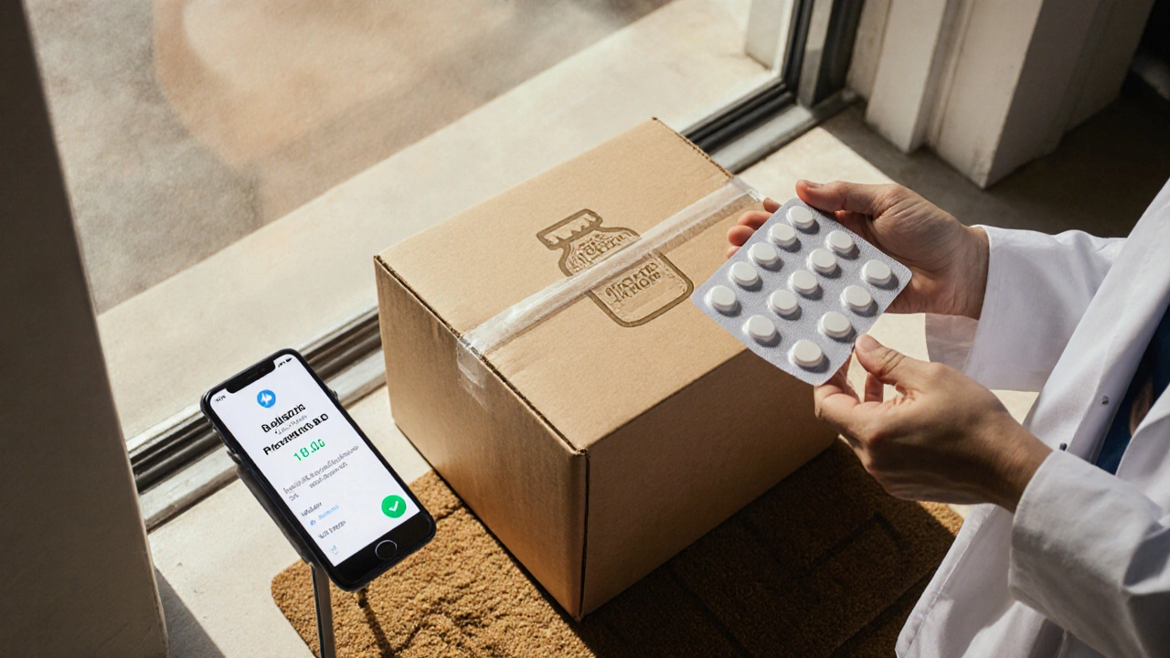 Delivered box of clindamycin tablets beside pharmacist and order confirmation phone.