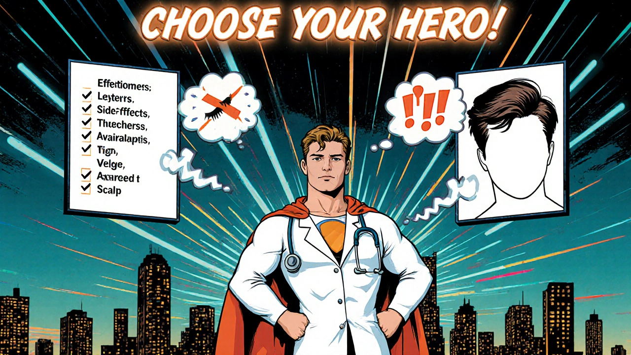 Dermatologist superhero advising patient with split view of longer lashes and fuller scalp, pros and cons in thought bubbles.