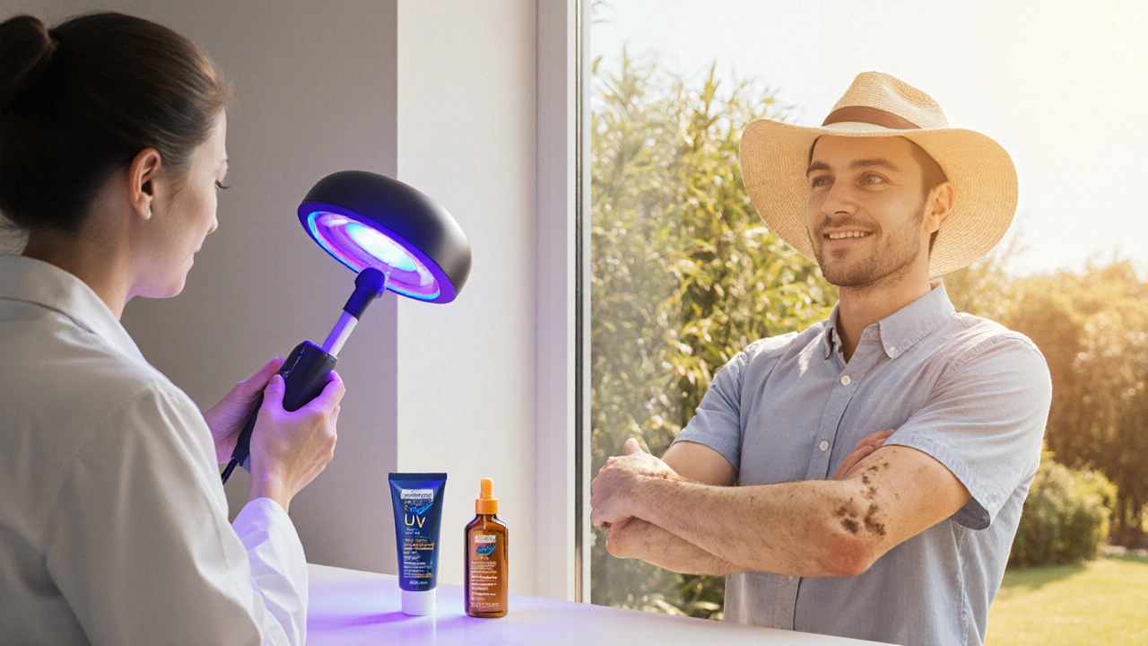 Dermatology office with doctor using Wood's lamp, antifungal cream, and patient applying sunscreen outdoors.