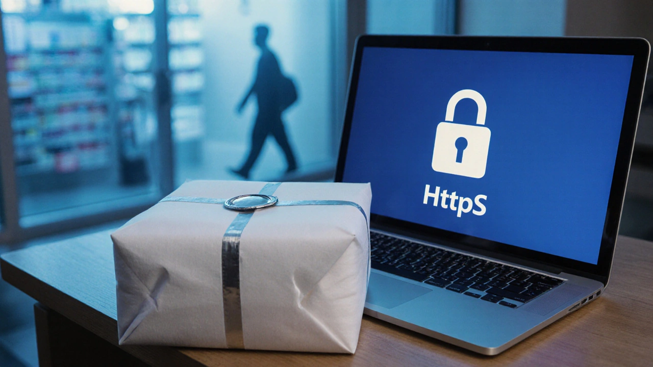 Discreet white parcel beside laptop showing secure lock icon, UK pharmacy hint visible.