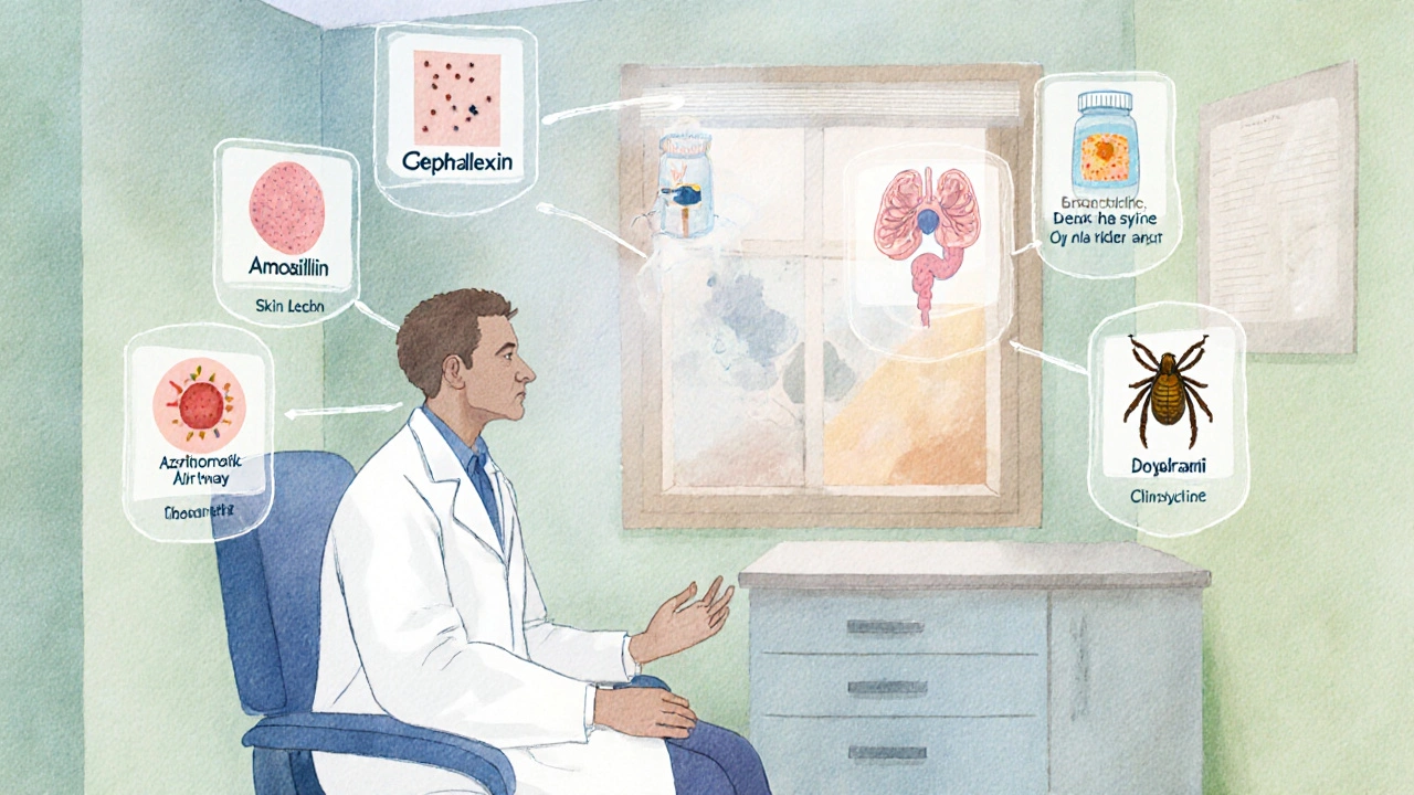 Doctor and patient discussing infection types with floating antibiotic icons.