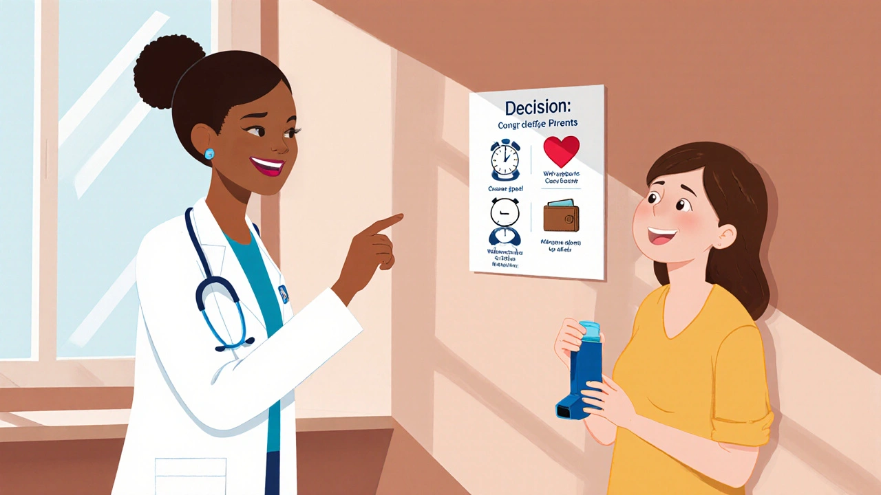 Doctor and patient discussing inhaler choice in a sunny clinic.
