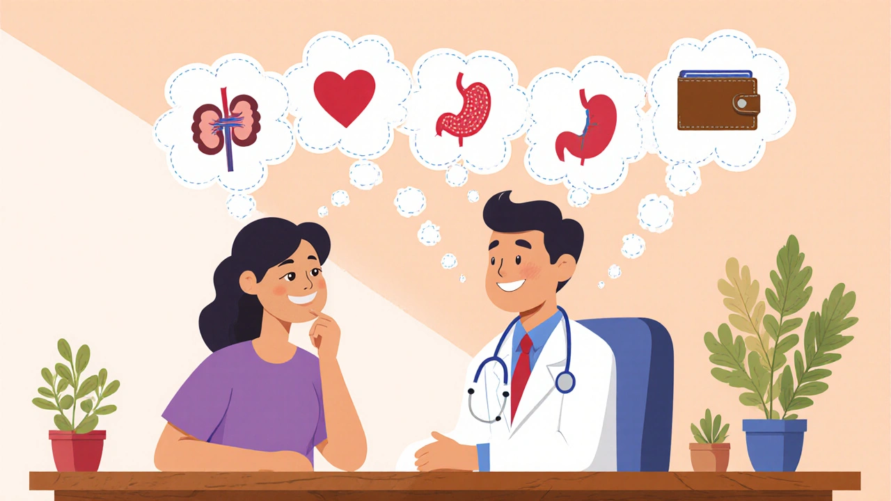 Doctor and patient discussing options with thought bubbles showing health‑related icons.