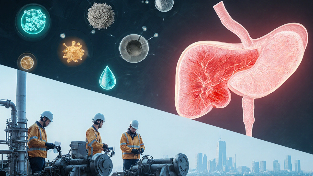 Factory workers with floating chemical icons and an inflamed pancreas illustration.