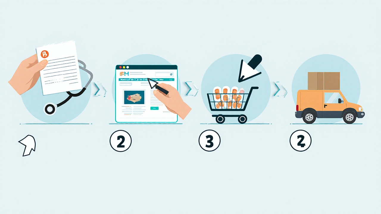 Four‑panel illustration: prescription, online selection, cart, delivery of medication.