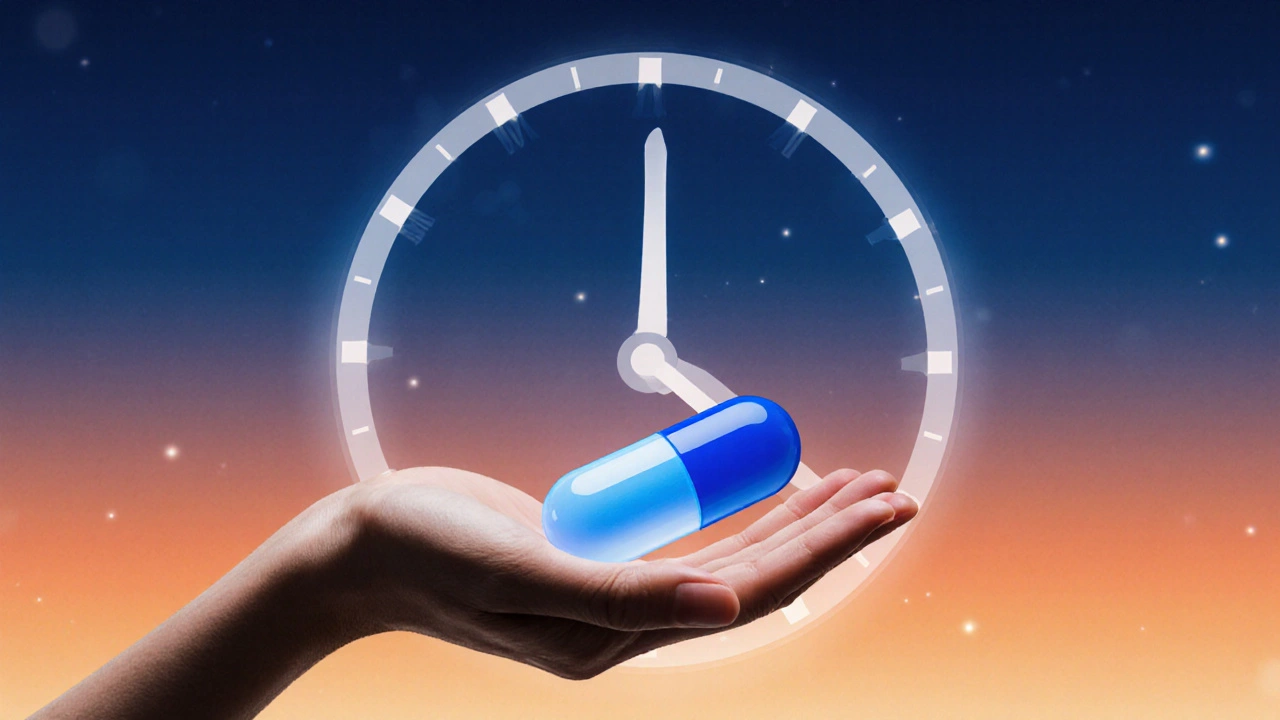 Hand holding a blue pill against a sunrise‑to‑midnight gradient with a faint 36‑hour clock overlay.