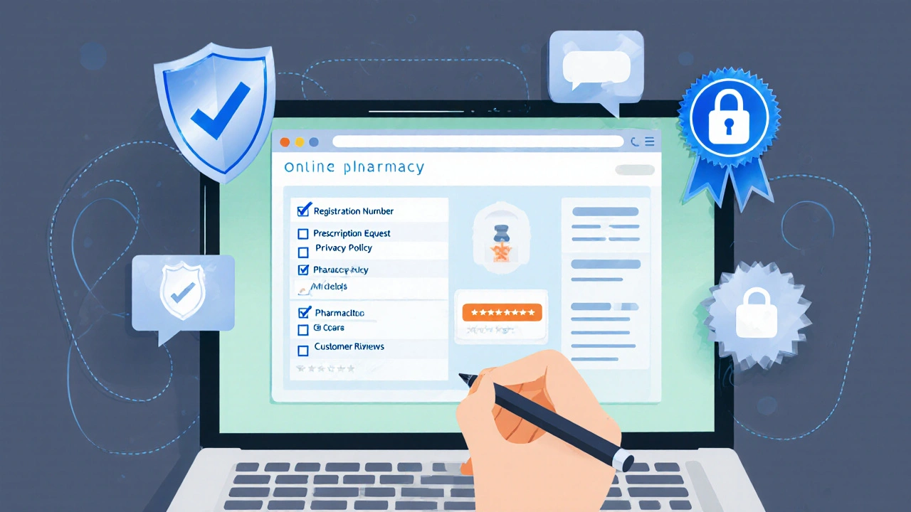 Illustrated online pharmacy page with icons and hand checking a safety checklist.