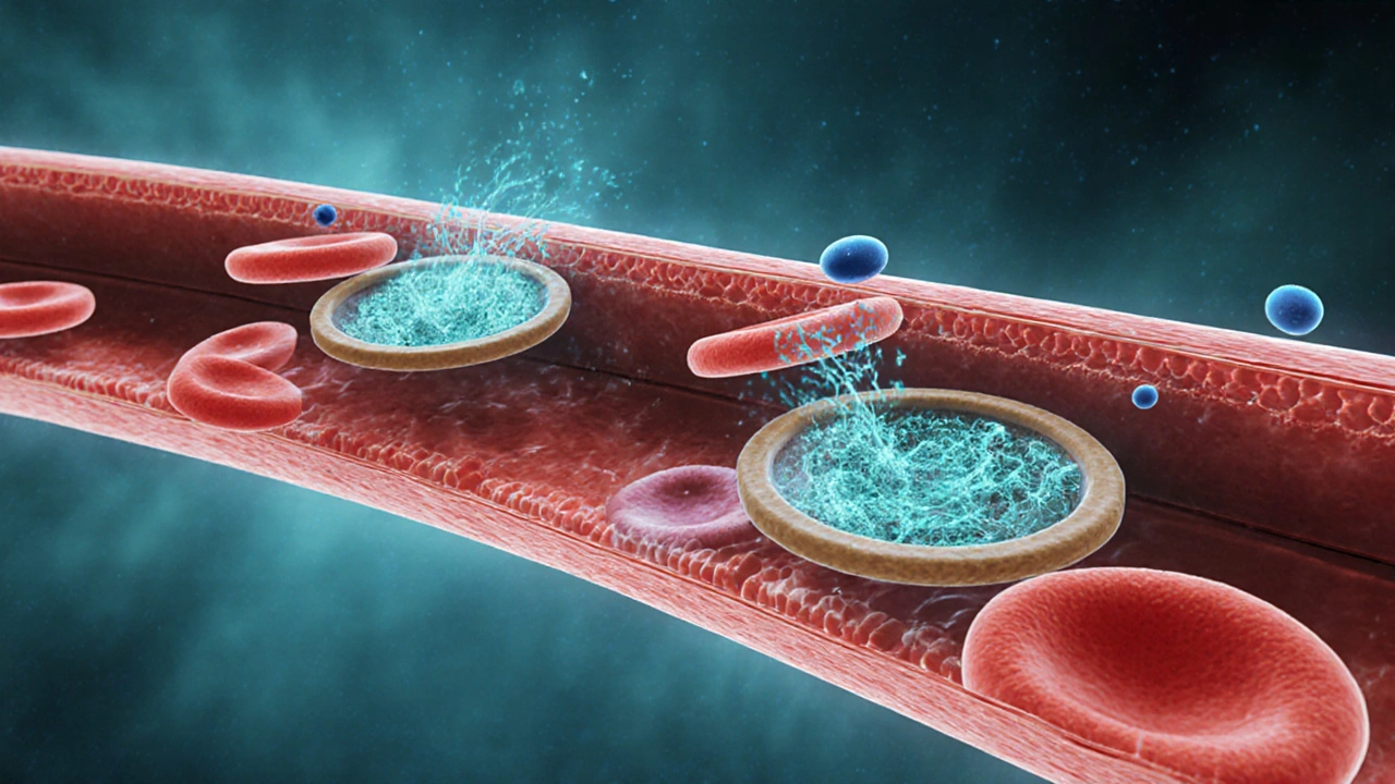 Illustration of artery showing platelets with increased cAMP and adenosine molecules.