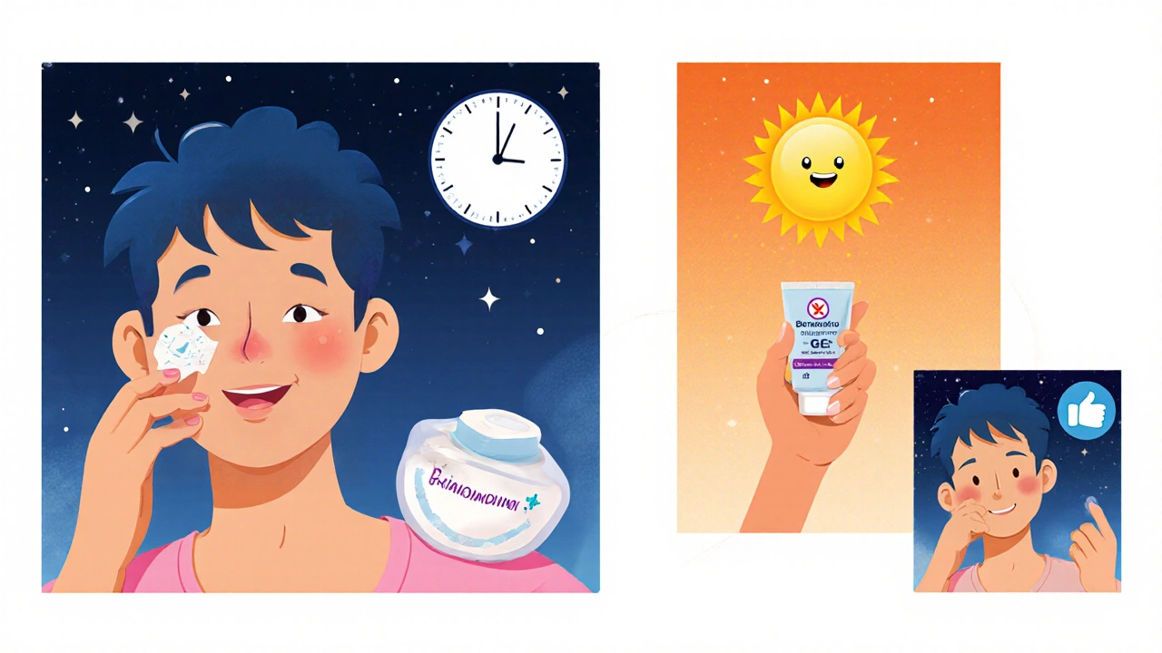 Morning‑evening routine cartoon: Soolantra at night, Brimonidine in the morning, patch test and sunscreen.