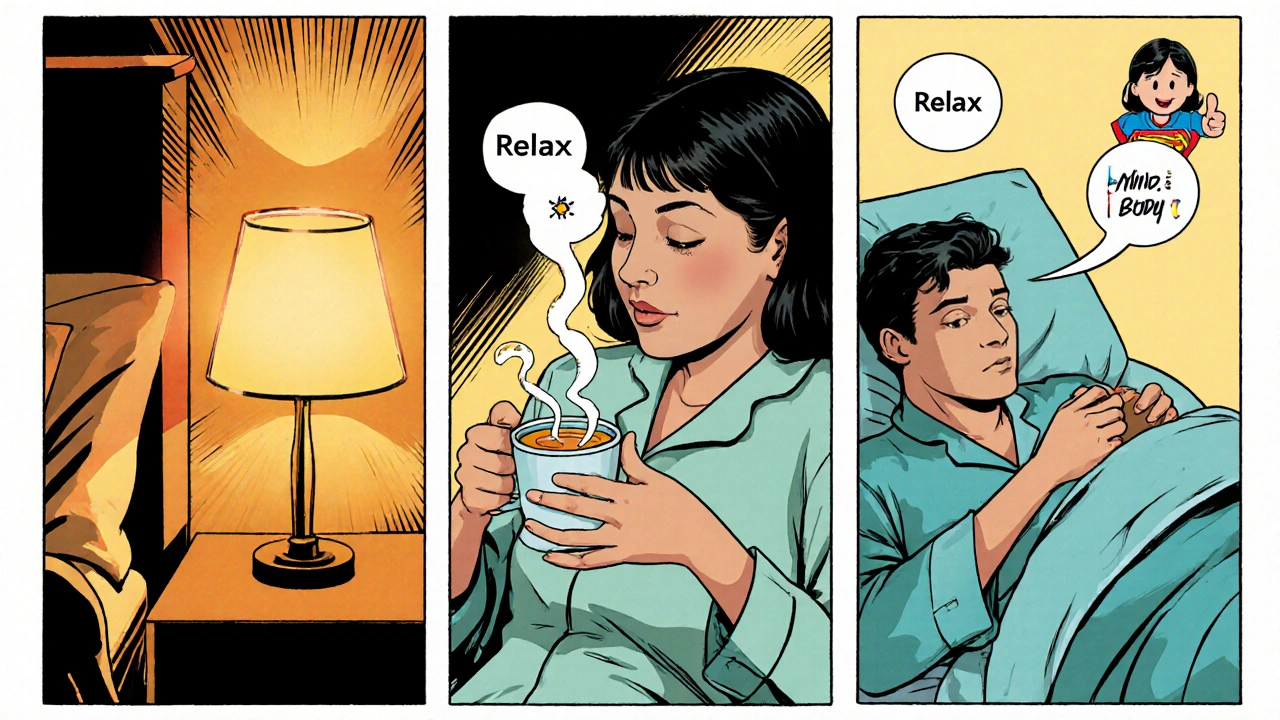 Patient follows bedtime routine: dim lights, herbal tea, gentle stretches, with CBT‑I superhero.