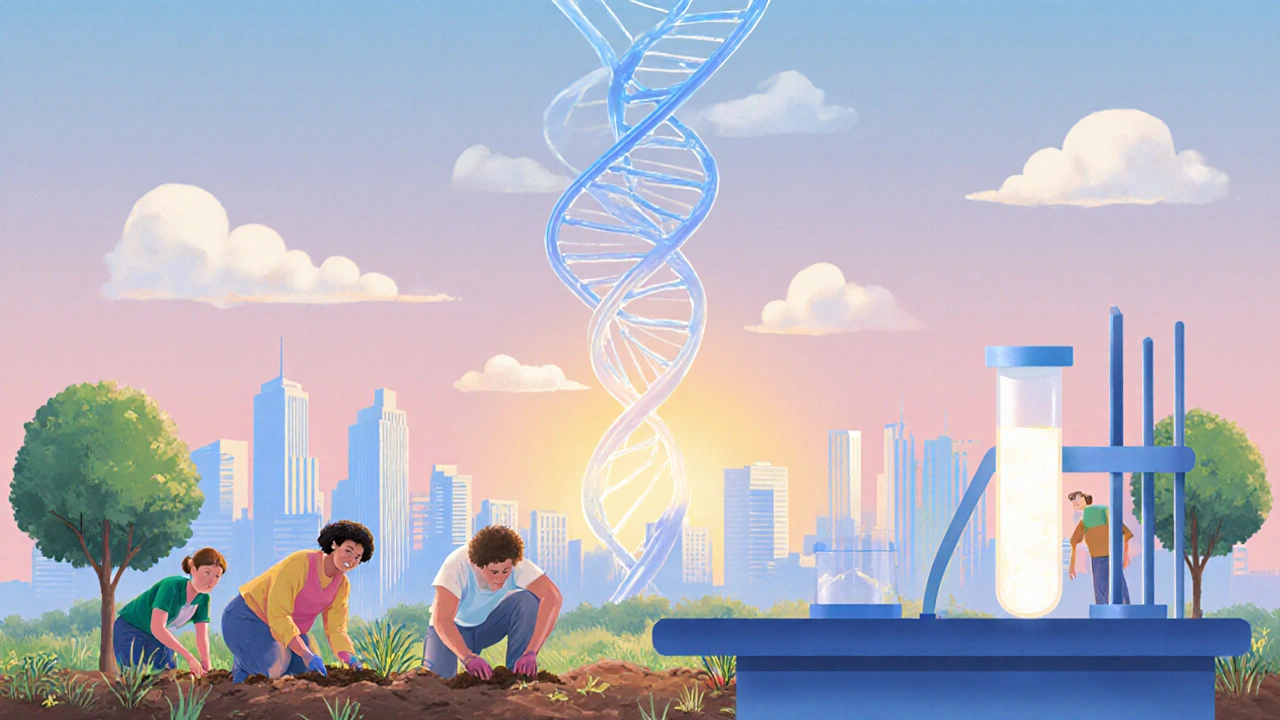 People planting trees under a clear sky with a DNA helix and glowing test tube symbolizing research.