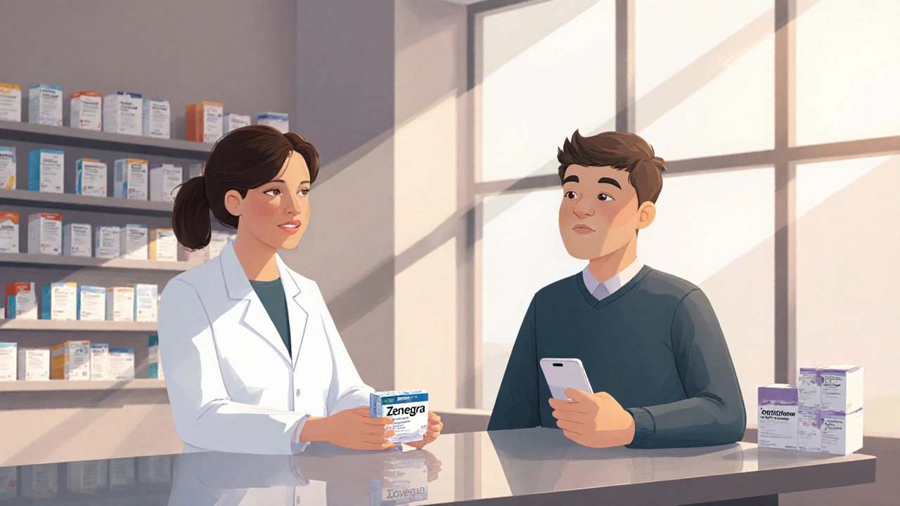 Pharmacist and patient discussing Zenegra in a bright UK pharmacy.