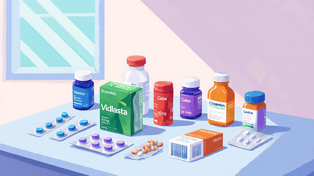 Pharmacy counter displaying assorted colored ED medication bottles and blister packs.
