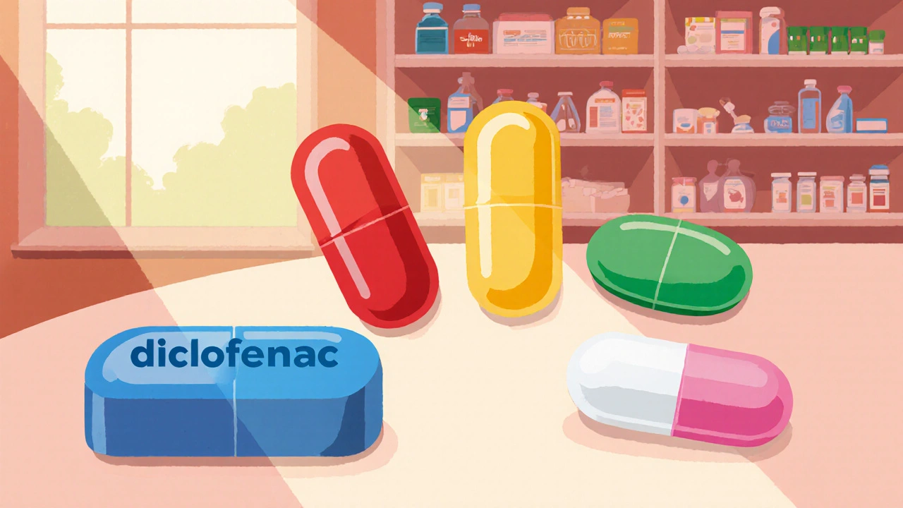 Pharmacy counter displaying various colored pain‑relief pills arranged in a fan shape.