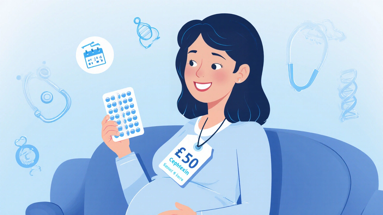 Pregnant woman holding Cephalexin pack with price tag and treatment timeline.