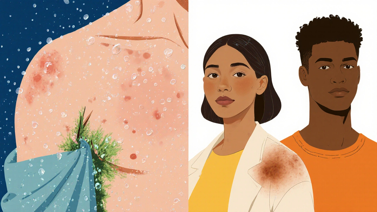 Split illustration: humid sweaty skin on left, diverse individuals with skin patches on right.