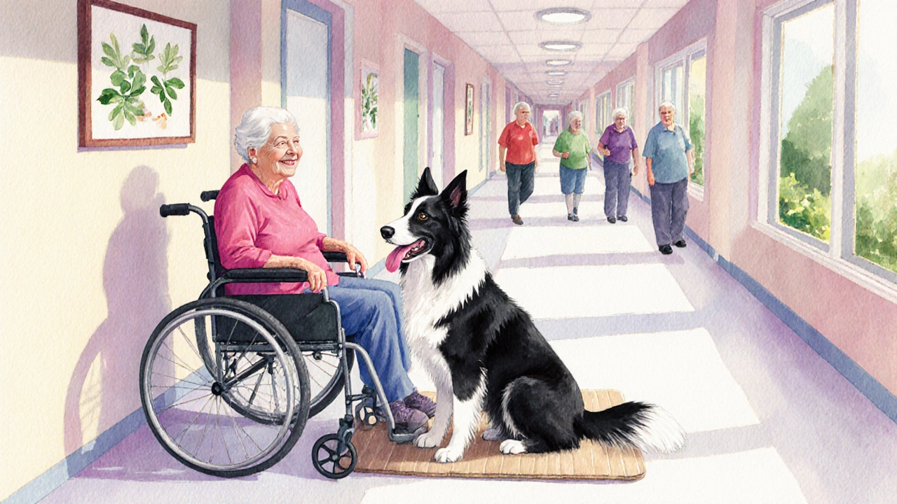Therapy dog sits beside an elderly woman in a wheelchair in a bright nursing home hallway.