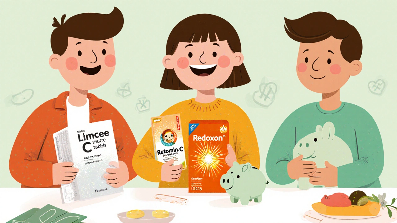 Three cartoon characters each holding a different vitamin C supplement: budget tablet, chewable, and buffered tablet.