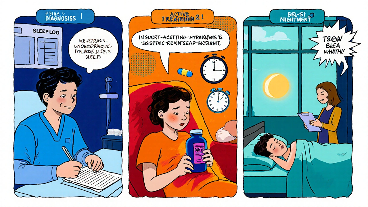 Three‑panel comic showing sleep plan from diagnosis to post‑treatment with melatonin and CBT‑I.