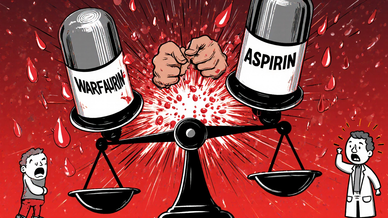 Warfarin and aspirin pills shaking hands as blood drips, tipping a scale into danger.