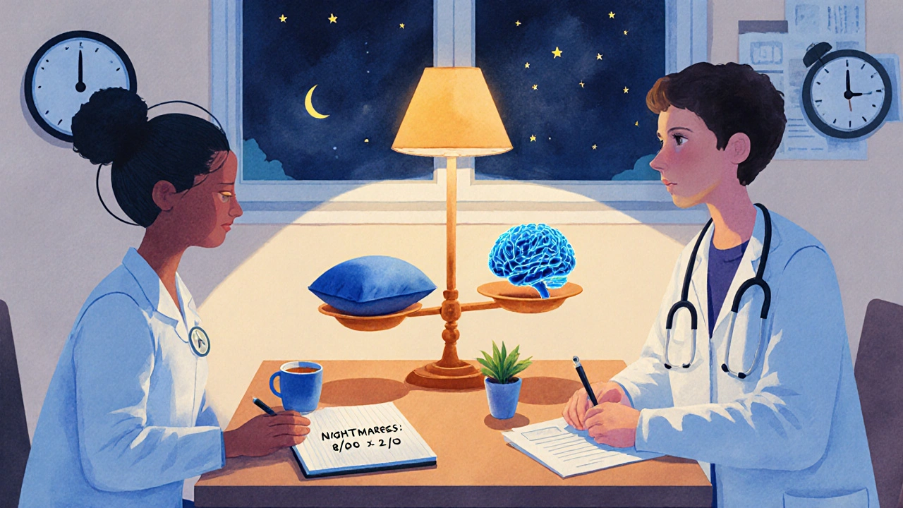 A doctor and patient balancing sleep and brain health on a scale, with symbols of recovery around them.