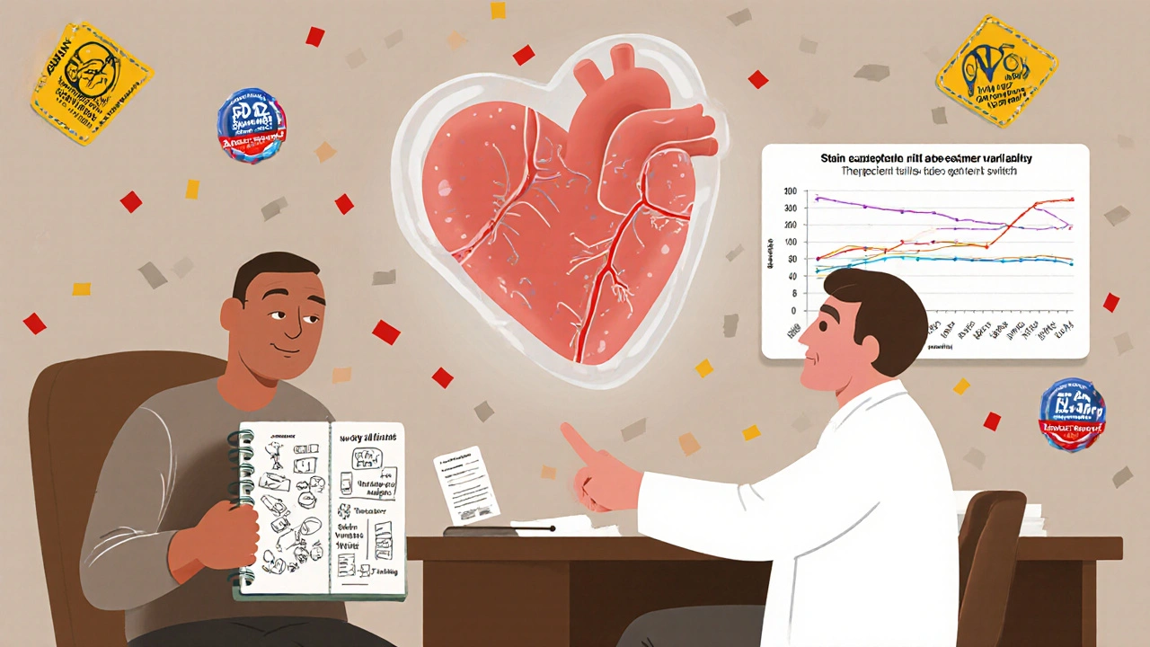 A doctor and patient reviewing a symptom journal next to a heart diagram showing rising cholesterol.