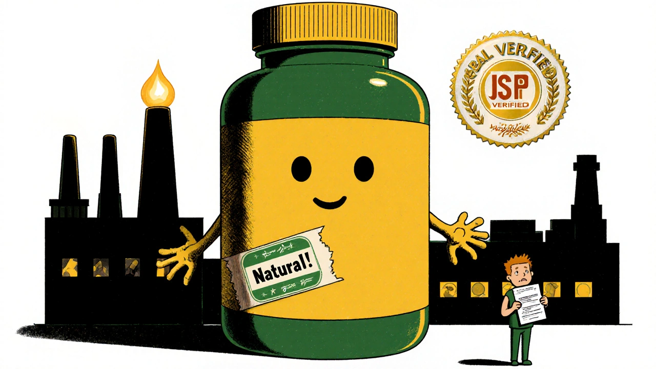 A giant natural supplement bottle looms over a nervous patient, with a hidden factory in the background.