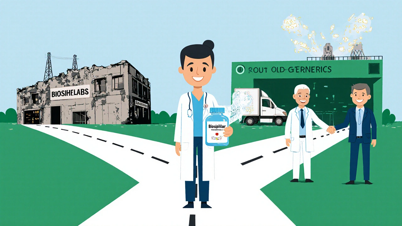 A patient at a crossroads between old generic manufacturing and a modern, trusted healthcare system.