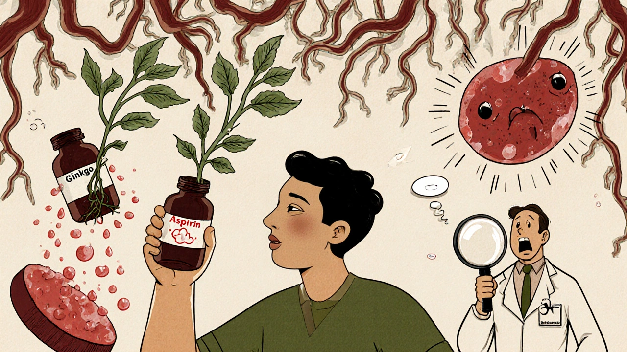 A person&#039;s bloodstream merges with ginkgo and aspirin bottles, while a doctor watches in disbelief.