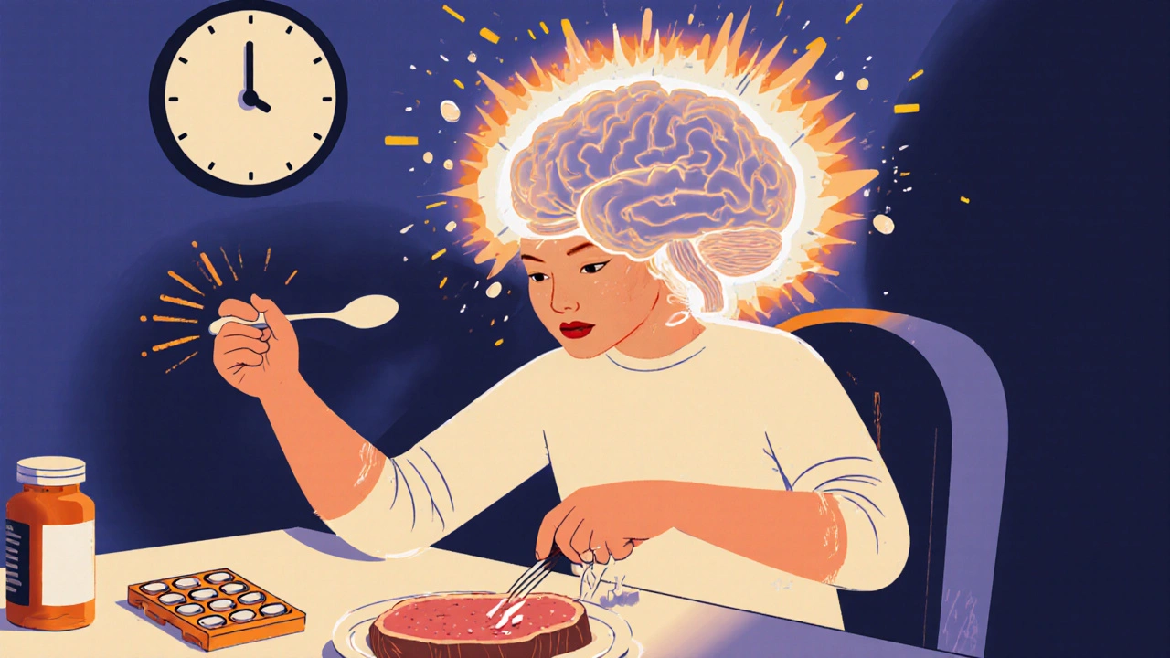 A person’s hand twitching uncontrollably at the table, with a steak and pill organizer nearby.