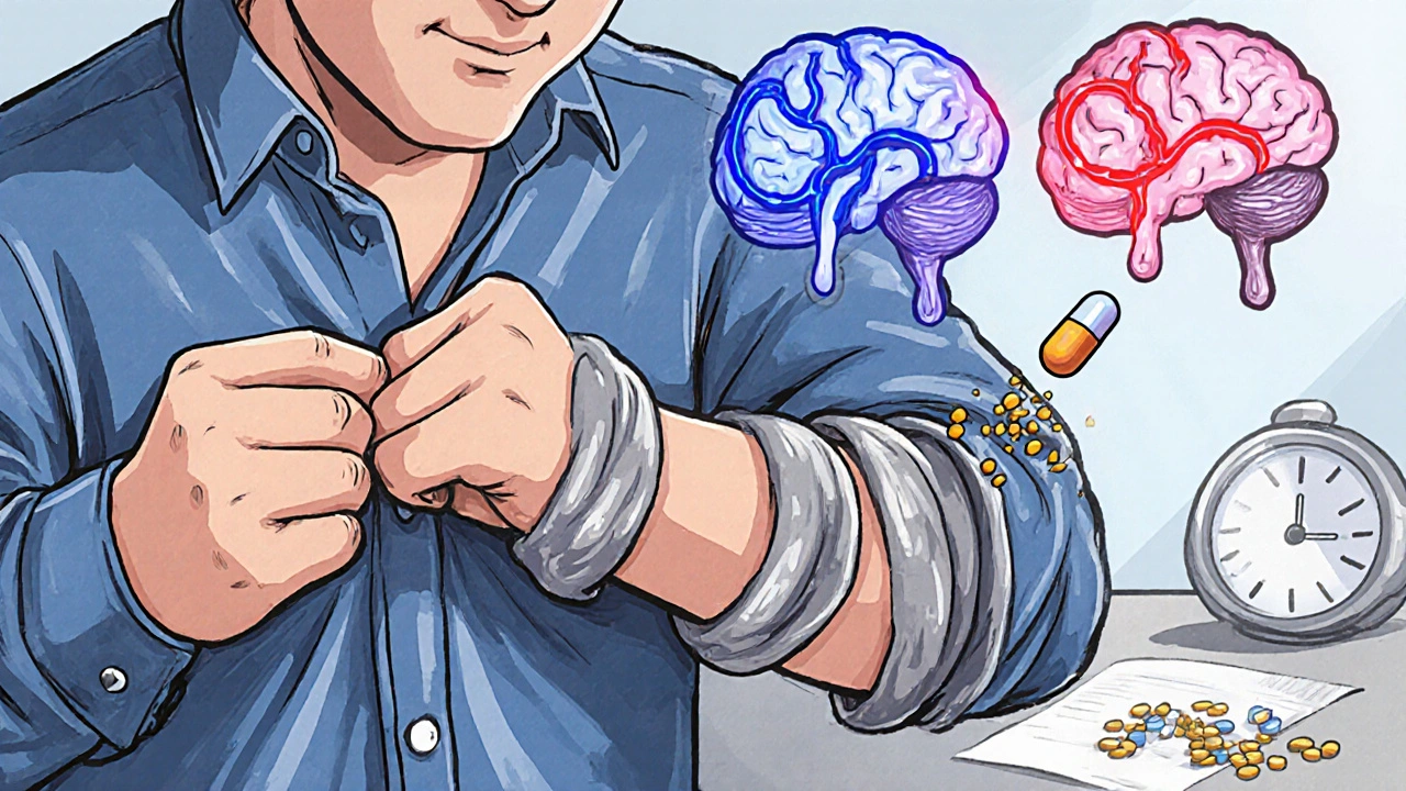 A person struggling to button a shirt, muscles bound by thick gray bands representing rigidity.