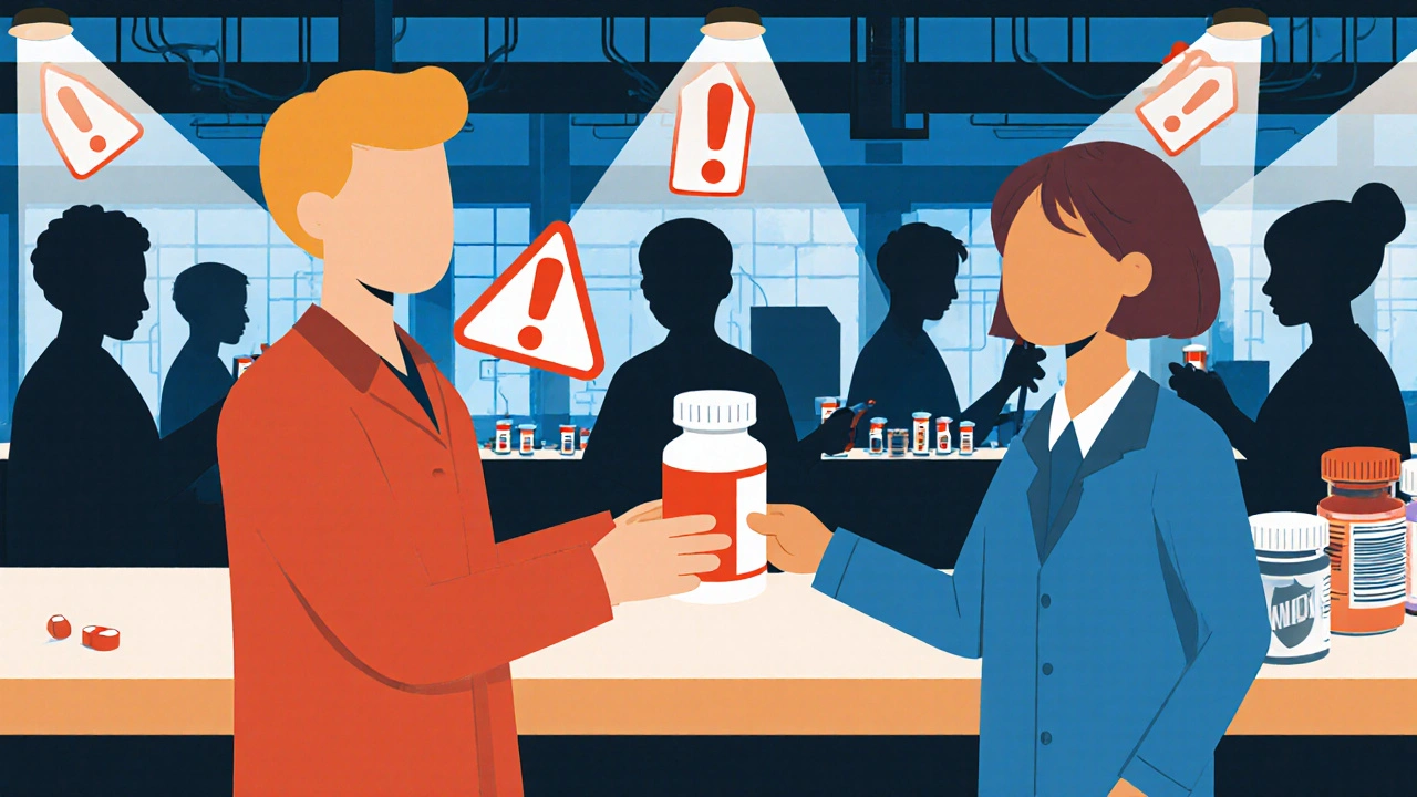 A pharmacist handing a generic pill bottle while factory shadows and recall warnings loom behind.