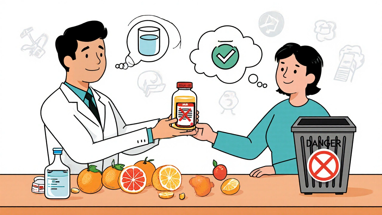 A pharmacist swaps a risky blood pressure pill for a safe alternative, with dangerous citrus fruits in the trash.