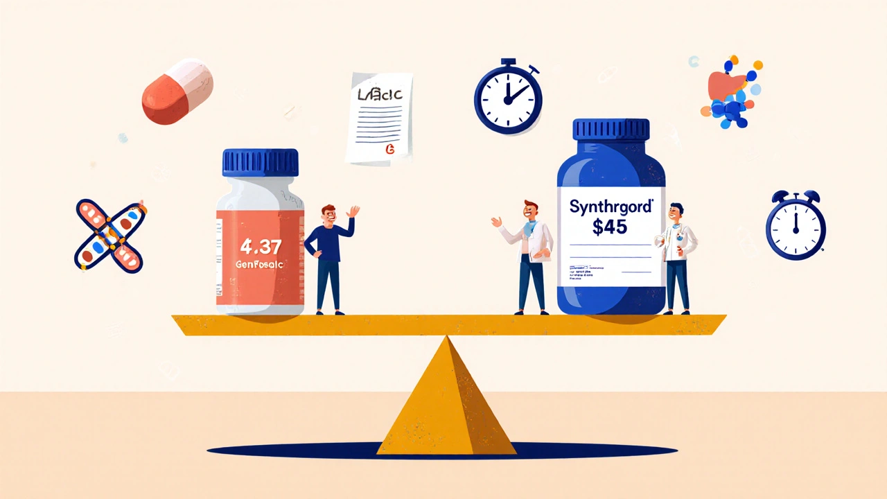 A scale balancing cheap generic levothyroxine against brand-name Synthroid, with symbolic icons of genetics, thyroid, and time ticking toward 6 weeks.