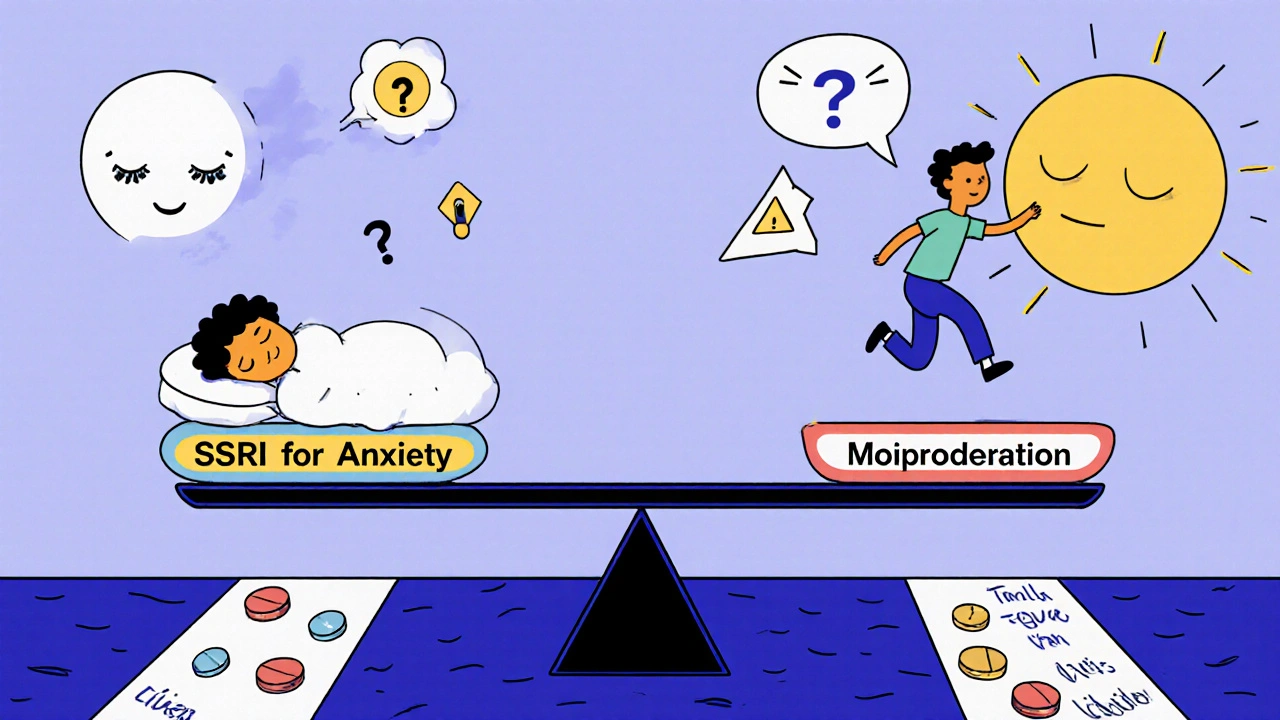 A seesaw balancing a calm sleeper (SSRI) against an energetic person (bupropion), with floating health warnings and conversation bubbles about treatment choices.
